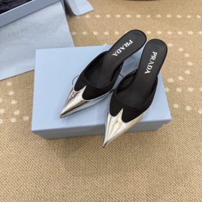 Prada精品仿製穆勒鞋黑色拼接金屬尖頭設計低跟拖鞋優雅百搭女鞋