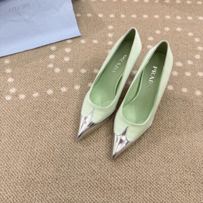 Prada一比一尖頭高跟鞋薄荷綠拼接金屬鞋頭細跟設計優雅時尚女鞋