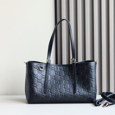 Gucci高仿壓紋GG托特肩背包黑色簡約高級感大容量百搭通勤款精品風格815214