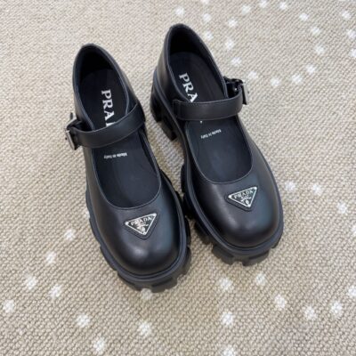 Prada高仿厚底瑪麗珍皮鞋黑色三角Logo設計復古百搭潮流女鞋