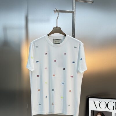 Gucci高仿短袖T恤白色滿版彩色GG印花圓領潮流百搭休閒上衣