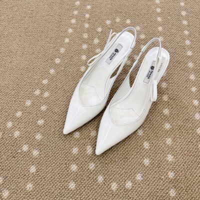 Prada精品仿製尖頭細跟後空高跟鞋白色綁帶設計優雅氣質女鞋