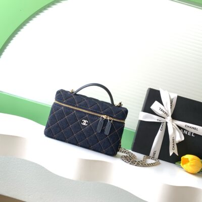 Chanel復刻版丹寧菱格鏈條手提化妝包時尚百搭新款法式優雅風格AP4385