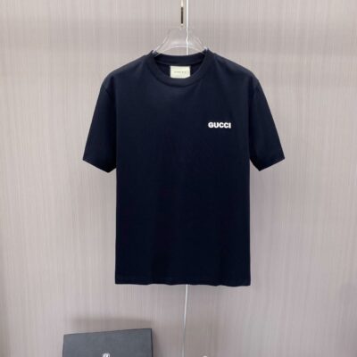 Gucci高仿短袖T恤黑色圓領GUCCI字母刺繡簡約百搭休閒上衣