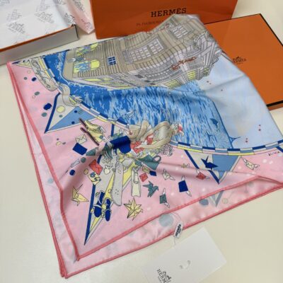 Hermes頂級原單絲巾城市藝術圖騰粉藍撞色印花方巾高級質感時尚百搭精品配件90*90cm