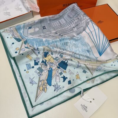 HermesA貨絲巾城市藝術圖騰藍綠清新配色絲滑方巾百搭高級質感精品配件90*90cm