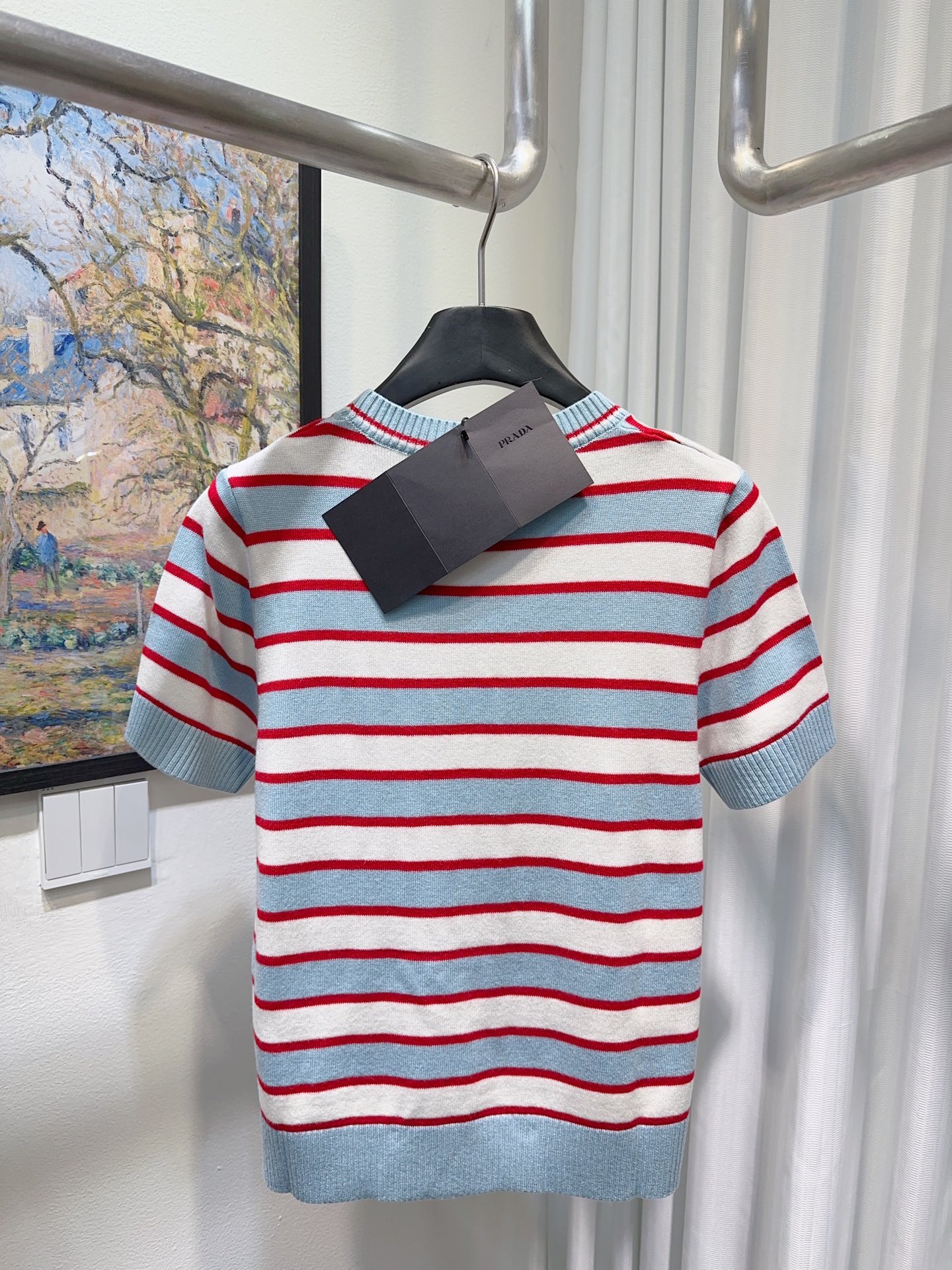 Prada高仿條紋針織短袖上衣一比一復刻圓領修身氣質休閒毛衣