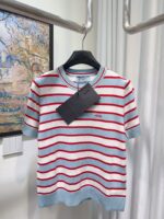 Prada高仿條紋針織短袖上衣一比一復刻圓領修身氣質休閒毛衣