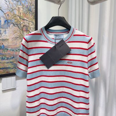 Prada高仿條紋針織短袖上衣一比一復刻圓領修身氣質休閒毛衣