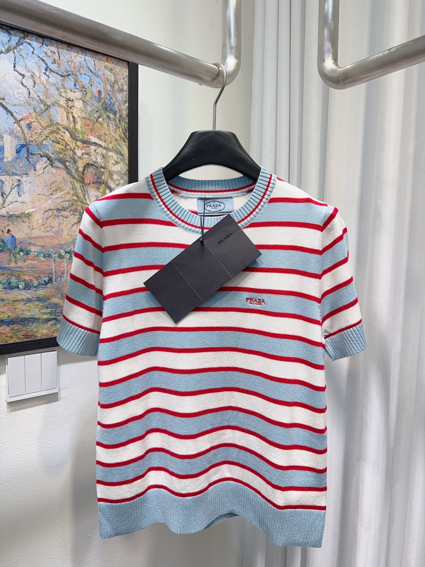 Prada高仿條紋針織短袖上衣一比一復刻圓領修身氣質休閒毛衣