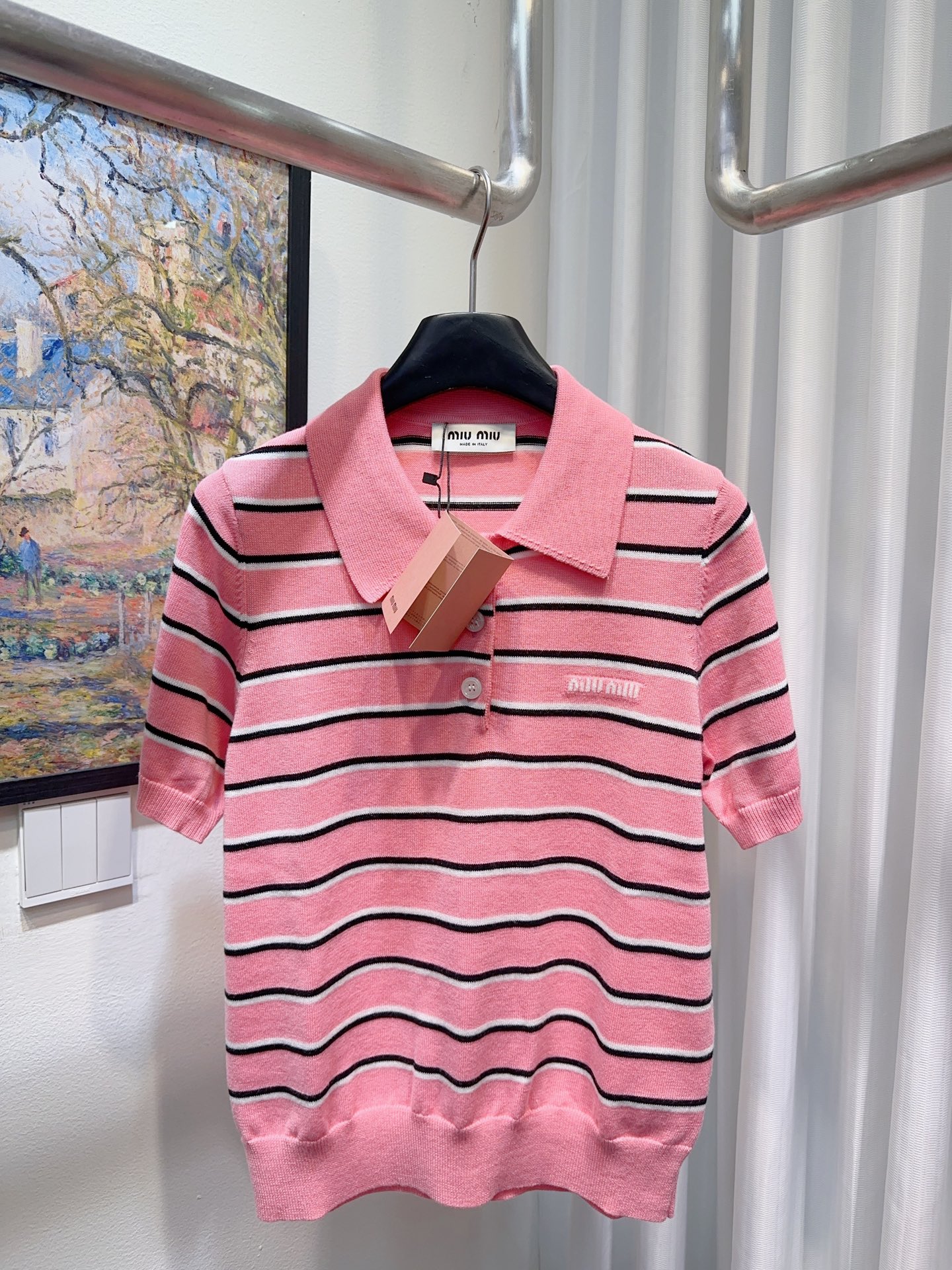 Miu Miu高仿粉色條紋針織Polo短袖上衣一比一復刻學院風少女感毛衣