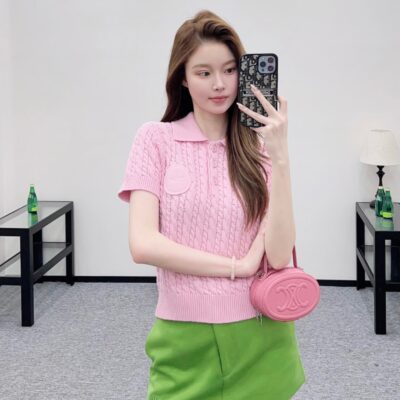 Dior高仿粉色針織Polo短袖上衣一比一復刻學院風氣質修身毛衣