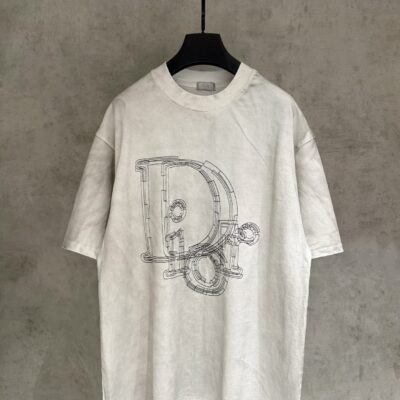 Dior高仿短袖T恤水洗做舊線條字母Logo設計寬鬆版型復古高端風格