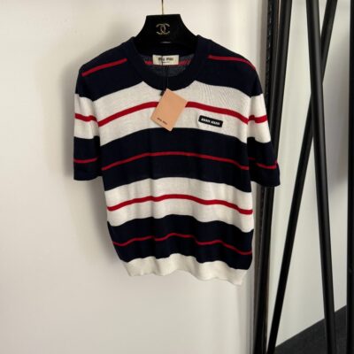 Miu Miu高仿條紋針織短袖上衣海軍風撞色設計一比一復刻休閒百搭款