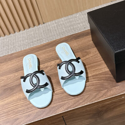 CHANEL精品仿製雙C平底拖鞋清新藍調百搭設計法式輕奢女鞋