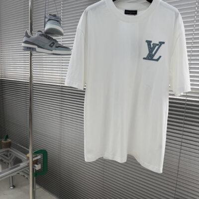 LV精品仿製丹寧刺繡Logo短袖T恤寬鬆百搭高街男裝