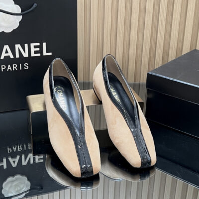 Chanel高仿拼色低跟單鞋復古方頭精品粗跟女鞋百搭款