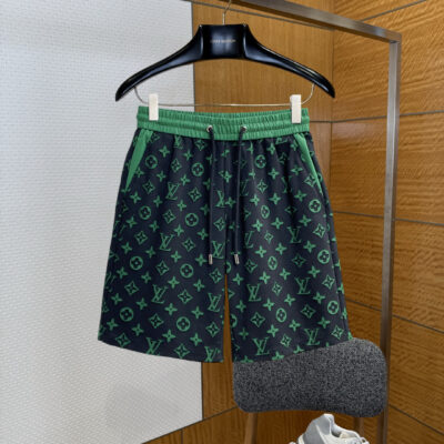LV高仿Monogram撞色短褲綠色休閒五分褲男士潮流寬鬆款