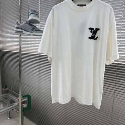 LV精品仿製毛絨Logo短袖T恤寬鬆百搭潮流男裝