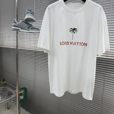 LV精品仿製椰子樹刺繡短袖T恤夏季寬鬆休閒潮流男裝