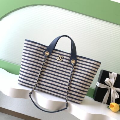 Chanel高仿條紋托特包海軍藍帆布鏈條設計法式度假精品風AS6007