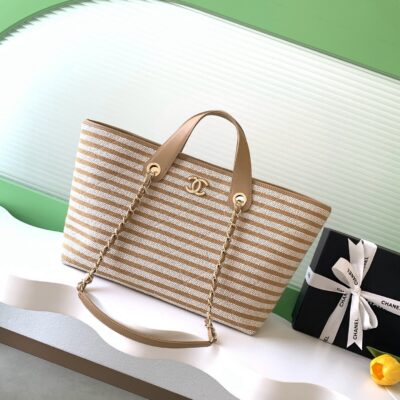 Chanel高仿條紋托特包奶茶色帆布鏈條設計法式精品大容量包AS6007