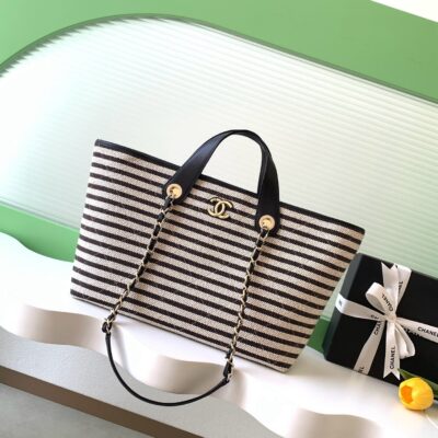 Chanel高仿條紋托特包黑白帆布鏈條肩背設計法式精品大包款AS6007