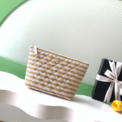 Chanel高仿條紋帆布化妝包法式小香風手拿收納精品小包AS4989