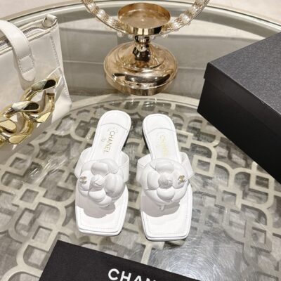 Chanel高仿白色山茶花拖鞋精品方頭低跟涼鞋優雅百搭女鞋
