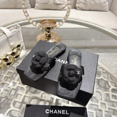Chanel高仿黑色山茶花拖鞋精品方頭低跟涼鞋百搭氣質女鞋