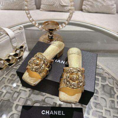 Chanel高仿金色山茶花拖鞋精品粗跟方頭涼鞋時尚百搭女鞋