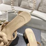 Chanel高仿裸粉山茶花拖鞋精品粗跟方頭涼鞋氣質百搭女鞋