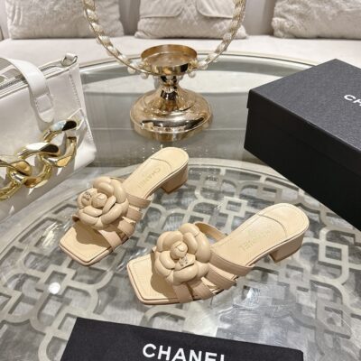 Chanel高仿裸粉山茶花拖鞋精品粗跟方頭涼鞋氣質百搭女鞋