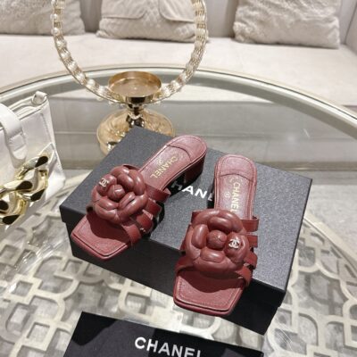 Chanel高仿酒紅山茶花拖鞋精品粗跟方頭涼鞋復古氣質女鞋