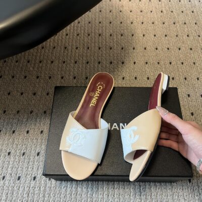 Chanel高仿雙色拖鞋精品平底涼鞋雙C刺繡百搭休閒女鞋