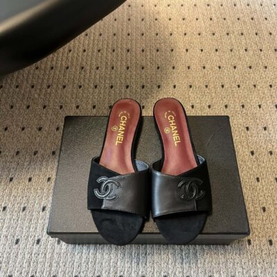 Chanel高仿雙C黑色拖鞋精品平底涼拖鞋時尚百搭女款