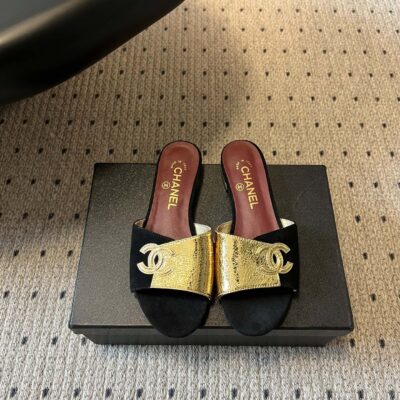 Chanel高仿金色雙C拖鞋精品拼色平底涼鞋時尚百搭女款