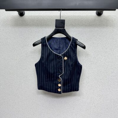 LV高仿條紋短版背心金屬鈕扣修身顯瘦時尚精品女裝