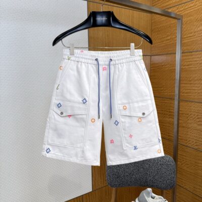 LV精品仿製彩色Monogram工裝短褲白色寬鬆休閒五分褲男裝