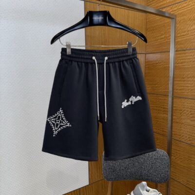 LV精品仿製刺繡休閒短褲黑色抽繩五分褲男士潮流百搭款