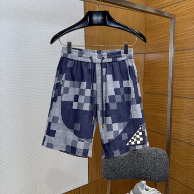 LV高仿Damier棋盤格休閒短褲潮流抽繩五分褲男士百搭款