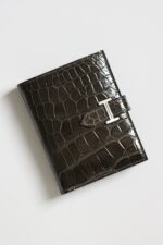 Hermes高仿深咖啡亮面鱷魚紋短夾精品復刻H扣高級皮革錢包