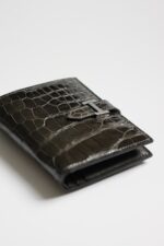 Hermes高仿深咖啡亮面鱷魚紋短夾精品復刻H扣高級皮革錢包