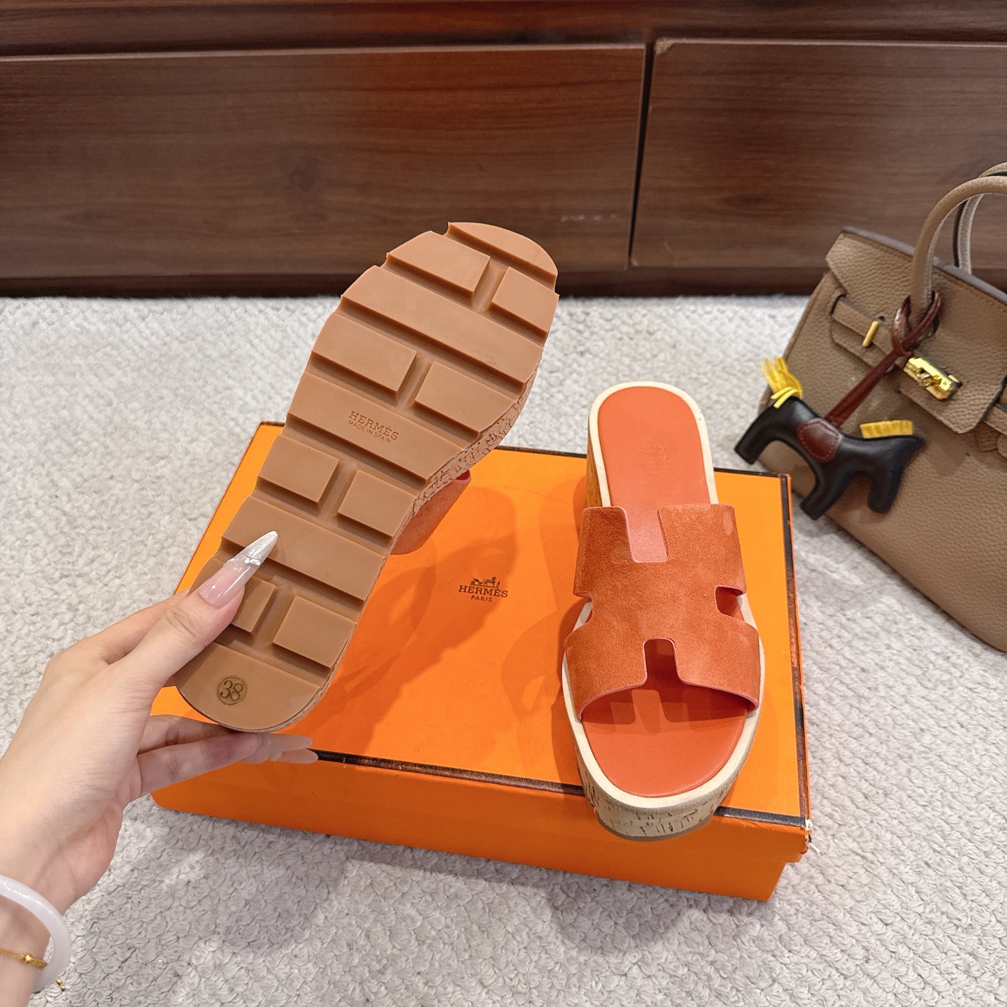 Hermès 原單 H字厚底拖鞋 橘色麂皮活力款 百搭耐看 都會輕奢