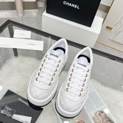 Chanel風格 白色菱格紋厚底休閒鞋 極簡質感設計 小香風百搭款