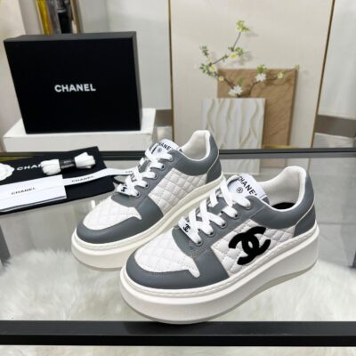 Chanel風格 灰白拼色菱格紋厚底運動鞋 高級街頭設計 百搭時尚女鞋