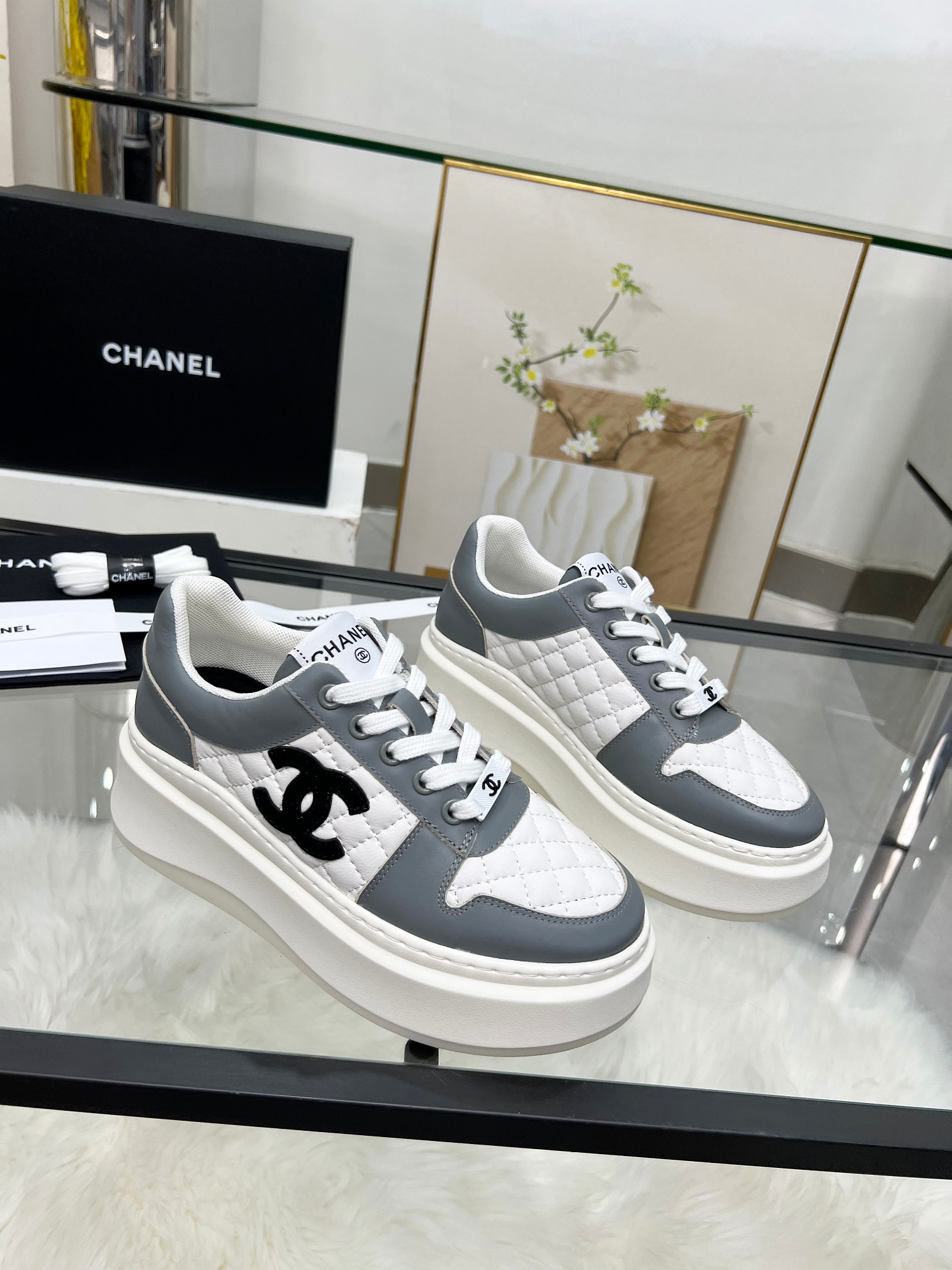 Chanel風格 灰白拼色菱格紋厚底運動鞋 高級街頭設計 百搭時尚女鞋