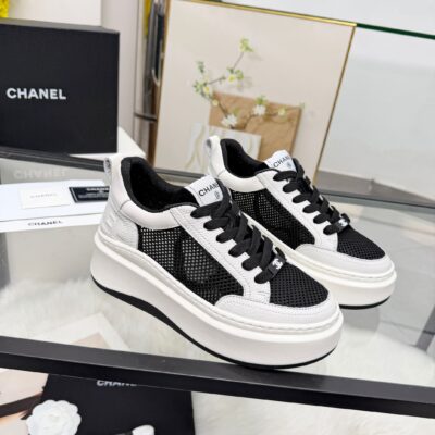 Chanel風格 黑白拼色透氣網布厚底運動鞋 清爽輕量設計 百搭休閒女鞋