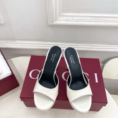 GUCCI 高跟拖鞋 超A貨壓紋皮革細跟設計 優雅百搭款 都會輕奢