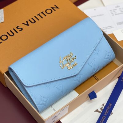 Louis Vuitton風格Sarah長夾 女士藍色壓紋皮革 拉鍊扣式大容量設計 時尚精品款